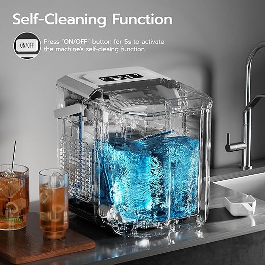 ZAFRO Countertop Ice Maker, 26.5Lbs/24H, 9 Bullet Cubes in 6 Mins, Self-Cleaning Portable Ice Machine with 2 Ice Sizes (S/L), Quiet Compact Design, Double Handles, for Home, Party, RV, Camping, White