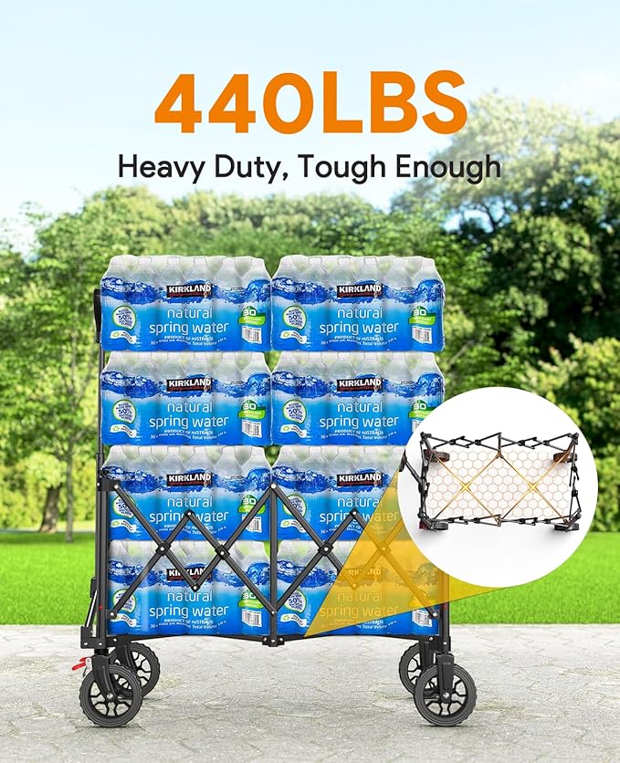 Collapsible Foldable Wagons, 440lbs Weight Capacity Beach Wagon with All-terrain Wheels, Heavy Duty Foldable Wagon, Utility Wagons Carts with Brakes for Camping, Sports, Shopping, Beach, Green & Brown