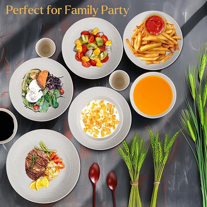 Wheat straw bowl and plate sets of 16 with cups - Unbreakable plastic dinnerware sets for kitchen - Microwave and Dishwasher safe dishes for kitchen,camping,indoors and out doors. White