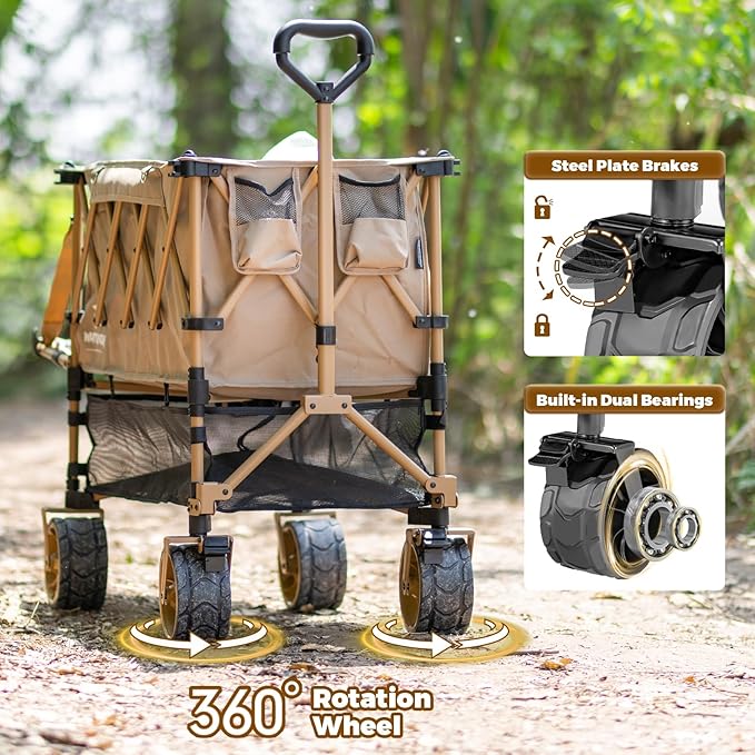 Whitsunday Double Decker Wagon, Heavy Duty Foldable Large Beach Wagon Cart with All-Terrain Big Wheels for Sports,Camping,Outdoor Khaki