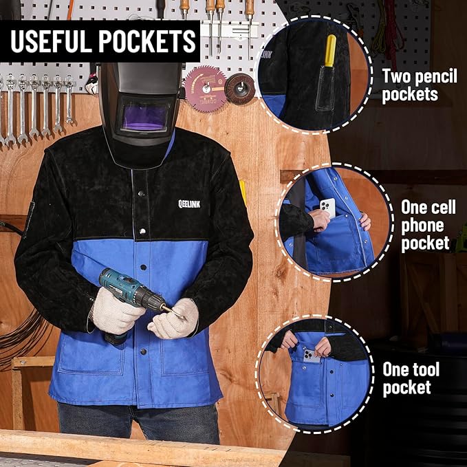 QeeLink Welding Jacket Split Leather Sleeves | Premium Flame Resistant Cotton Body Welder Jackets