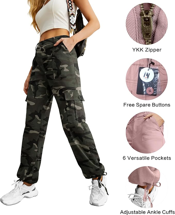Lepunuo Women's High Waisted Cargo Pants Travel Y2K Streetwear Baggy Stretchy Pants with 6 Pockets Drawstring Ankle Cuffs