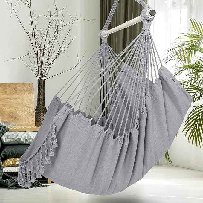 Y- STOP Hammock Chair Hanging Rope Swing, Max 500 Lbs, 2 Cushions Included, Large Macrame Hanging Chair with Pocket for Superior Comfort, with Hardware Kit (Light Grey)