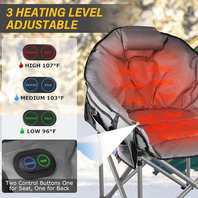Oversized Heated Camping Chair, 3 Heat Levels Portable Heated Folding Chairs, Camping Heated Chair for Adults Supports 440 lbs, Heavy Lawn Chair for Camping/Patio/Outdoor Sport