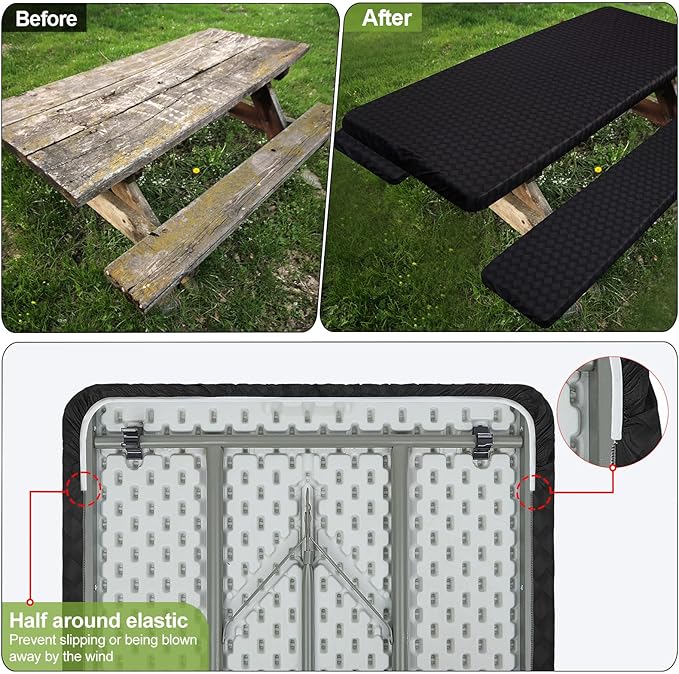 Picnic Table Cover with Bench Covers Camping Essentials Waterproof Windproof Camping Tablecloth with Drawstring Bag, Fitted Rectangle Tables and Seats, 60in, Black