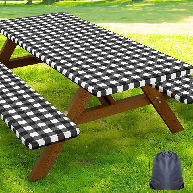 Smiry Picnic Table Cover with Bench Covers, Waterproof Elastic Fitted Tablecloths for 6 Foot Rectangle Tables, Washable Buffalo Plaid Tablecloth for Camping, Outdoor (Black & White, 30"x72")