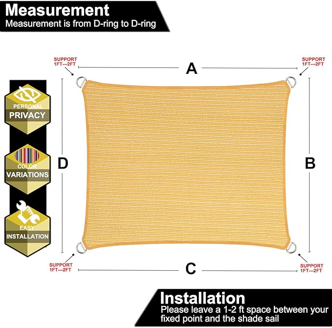 14' x 16' Yellow Outdoor Sun Shade Sail Canopy ??UV Resistant Permeable Awning Fabric for Patio, Garden, Backyard, Pergola, Carport, Lawn Shelter Cover