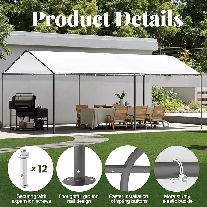 Carport, 10‘ x 20’ Heavy Duty Portable Garage All-Season Car Canopy w/Removable Sidewall & Doors, Carport Canopy Party Tent w/Water-Resistant Tarp for Backyard (White, 10' x 20' /no Side)