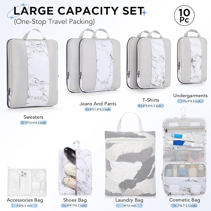 10 Set Compression Packing Cubes for Travel Essentials,Compressible Expandable Packing Cubes for Suitcase,OlarHike Luggage Organizer Bags for Travel,Handy Helper for Organizing Clothes(White Marble)