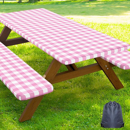 Smiry Picnic Table Cover with Bench Covers, Waterproof Elastic Fitted Tablecloths for 6 Foot Rectangle Tables, Washable Buffalo Plaid Tablecloth for Camping, Outdoor (Pink & White, 30"x72")