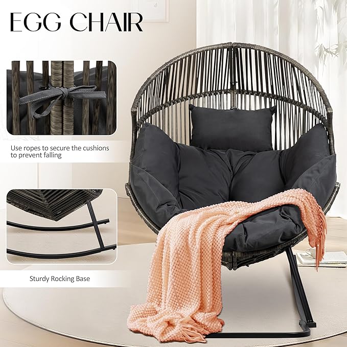 JAMFLY Egg Chair Outdoor Rocking Chairs, Wicker Patio Chair Oversized Lounger Chair with Cushion for Indoor Living Room Bedroom Outside Patio Backyard Balcony, Dark Gray