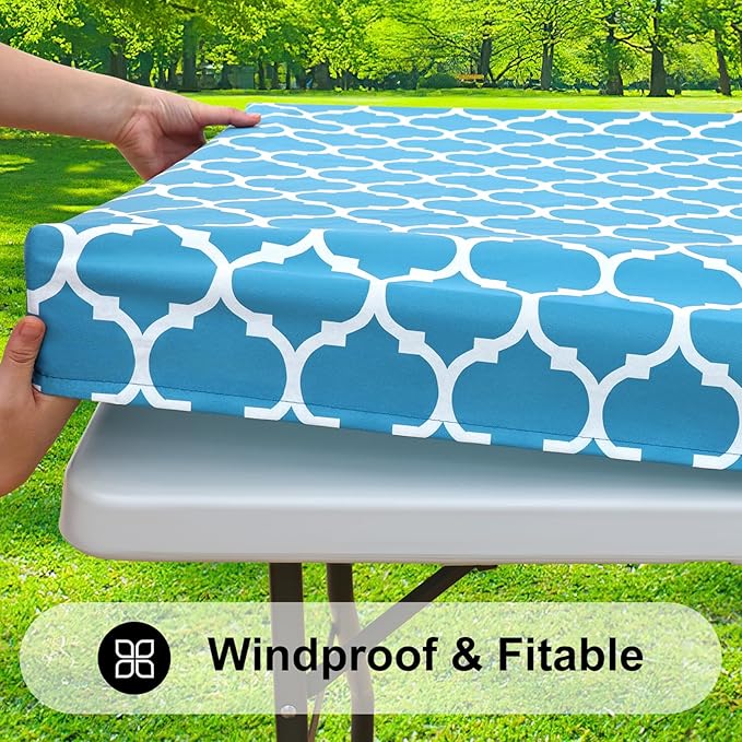 Smiry Rectangle Picnic Table Cover, Waterproof Elastic Fitted Camping Tablecloths for 4 Foot Tables, Wipeable Flannel Backed Vinyl Tablecloth Protector for Indoor, Outdoor (Light Blue, 30x48 Inches)