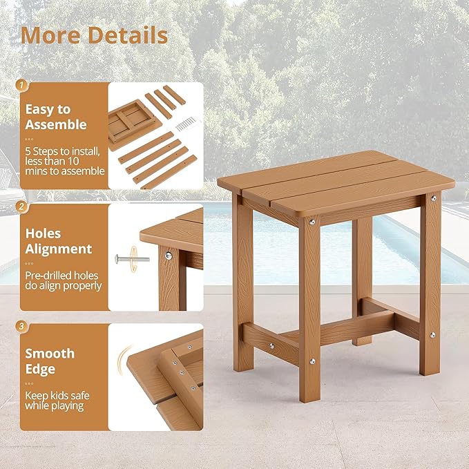 LUE BONA Outdoor Side Table Set of 2, HDPS Small Outdoor Table, Adirondack Side Table, Outside End Table for Patio, Porch, Deck, Weather Resistant/Easy Maintenance/Indoor or Outdoor Use, Teak Color