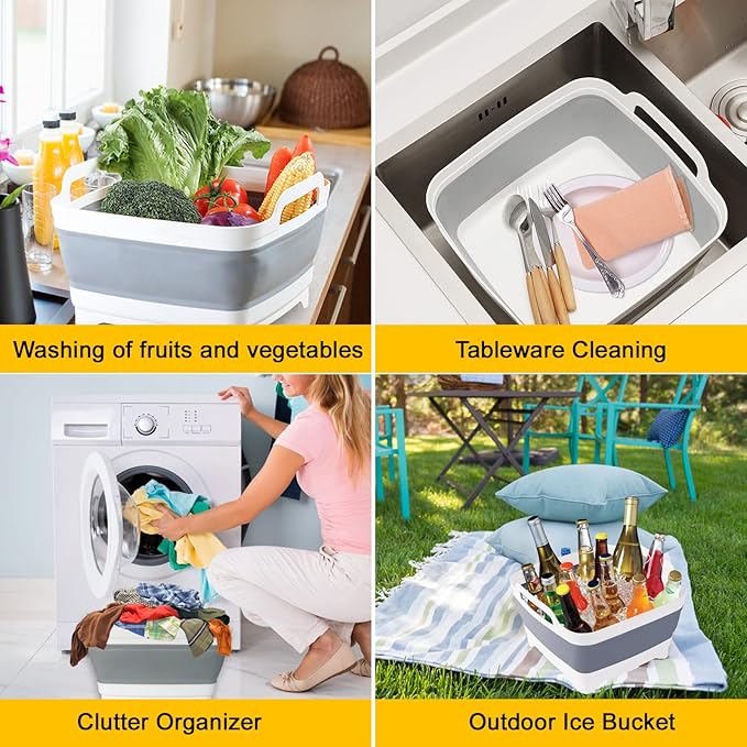 Collapsible Dish Basin & Sink Tub with Drain Plug – 2.4 Gal Baby Bottle Wash Basin, Bottle Washing Bin for RV, Camping, Kitchen | Collapsible Water & Bottle Basin (Grey)