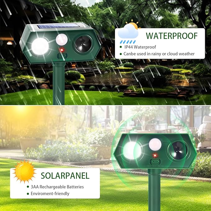 4 Pack Ultrasonic Solar Animal Repellent Cat Deterrent Outdoor,Deer Repellent with Motion Sensor Strobe Light,Waterproof Animal Repeller for Raccoon Squirrel Rabbit Dog Skunk,Yard Garden Protection