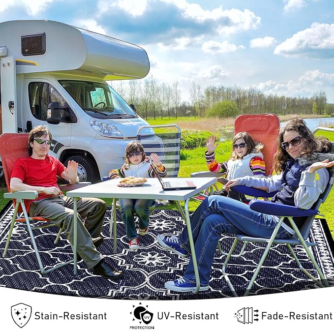 Outdoor Rug 6x9Ft, Waterproof Outdoor Patio Rug for House Deck Reversible Plastic Straw Mat for RV Camping Picnic Beach Balcony (Blue White)