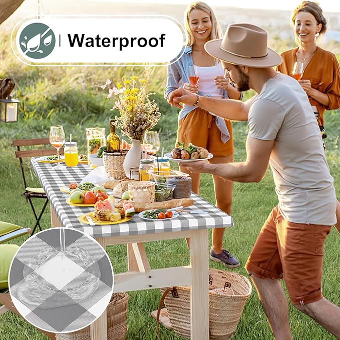 misaya Buffalo Rectangle Picnic Tablecloth, 4 Foot Elastic Fitted Vinyl Table Cloth with Flannel Backing, Waterproof Plaid Table Covers for Dining, Camping, Outdoor (Grey and White, 24" x 48")