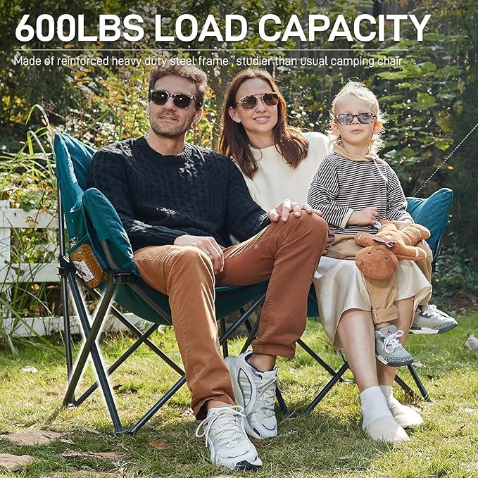 EVER ADVANCED Double Camping Chair for Adults, Padded Folding Camping Love Seat with Side Pocket Portable Camping Couch, Two Person Heavy Duty Folding Outdoor Chair with Cushion,Support 600lbs,Green