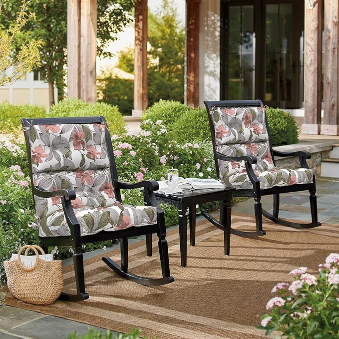 LVTXIII Outdoor Seat/Back Chair Cushion Patio Tufted High Back Cushion, Seasonal Replacement Rocking Chair Cushion with Ties (22” W x 20D”, Set of 2, Clemens Noir Pink)