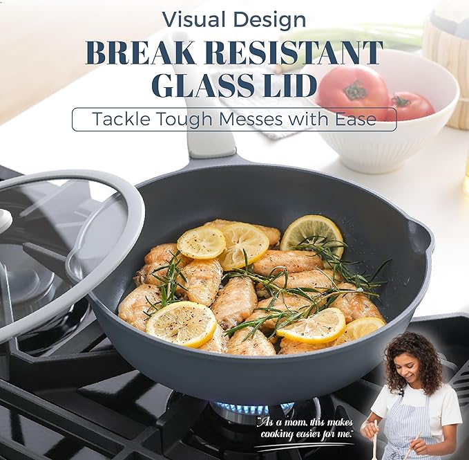 Ceramic Nonstick Deep Saute Pan with Lid, 12 Inch/4.8 QT Non Toxic Pans with Double Pour Spout, Helper Handle and Lid, Metal Utennsil Safe, Dishwasher Safe, (Gray)