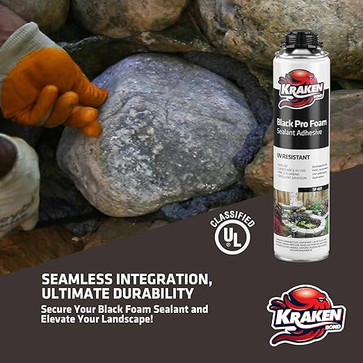 Kraken Bond Black Spray Waterfall Foam Sealant - (24x24oz) Expanding Polyurethane Pond Foam Sealer Black, UV Resistant Insulating Spray for Landscape & Exterior, Gun Use, Gun Not Included, 24 Pack