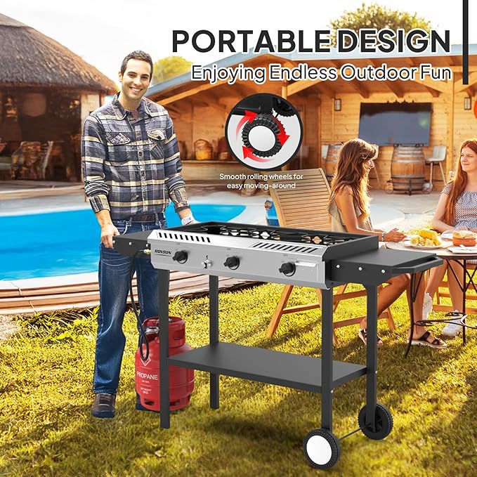 ROVSUN 3 Burner Outdoor Propane Gas Stove with Ignition, Regulator & Side Shelves, 225,000 BTU Rolling Gas Stove Outdoor Cooker for Backyard Patio Cooking Home Camping Brewing Canning Turkey Frying