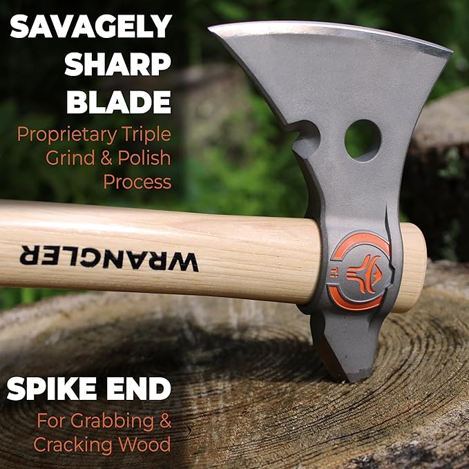 Wrangler Tools - Titanium Camp Axe - 18" & 11.5" Wood Hickory Handles - Tomahawk Axe Spike End - 2-Piece Slip-Fit Design - Includes Blade Sheath and 2 Handles - Survival Axe