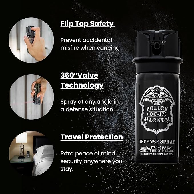 POLICE MAGNUM Pepper Spray Self Defense- Max Strength- 16ft Range- Portable Law Enforcement Unit - Made in The USA - 1 Pack 2oz Flip Top