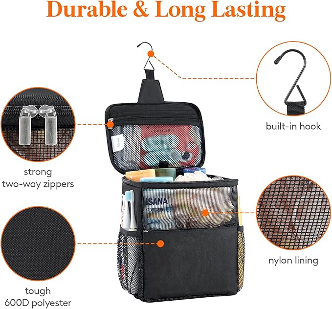 Lifewit Mesh Shower Caddy Bag Portable College Dorm Room Essentials Caddy Tote Basket for Bathroom, Gym, Travel, Camping Quick Dry Hanging Shower Organizer Toiletry Bag for Women Wen, Medium, Black