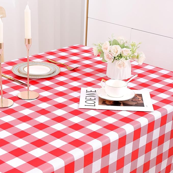misaya Rectangle Waterproof Vinyl Table Cloth, Buffalo Flannel Backed Tablecloth, Wipeable Plastic Table Cover for Dinner, Kitchen, Outdoor (60" x 84", Red and White)