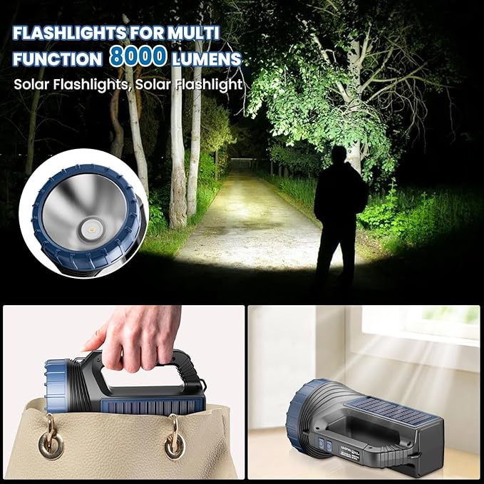 Solar Flashlight，Solar Powered Flashlight for Multi Function 8000 Lumens with Emergency，Portable Bright Camping Rechargeable Flashlights for Home, Outdoor Hiking, Power Outages（2pcs）