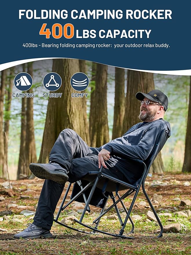 TIMBER RIDGE Folding Rocking Camping Chair, 400lbs Capacity Portable Oversized Outdoor Rocker with Hard Armrests, Cup Holder & Side Pocket, Quick-Fold Design for Outdoor, Patio, Lawn, Blue