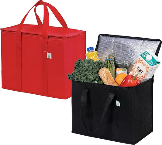 VENO 2 Pack Cooler Bag and Insulated Grocery Bags for Food Delivery, Collapsible Cooler, Reusable Shopping Bags for Groceries with zipper, Foldable, Heavy-Duty, Stands Upright (Assorted Color, 2 Pack)