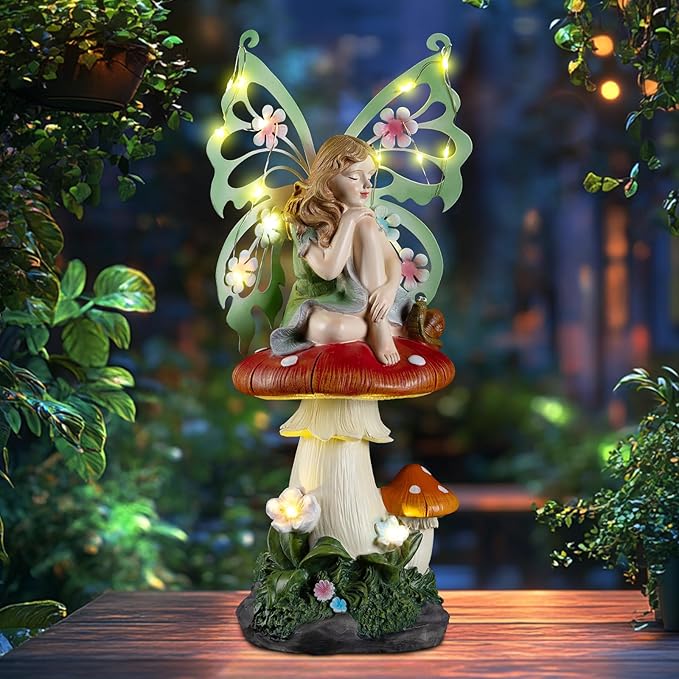 Solar Fairy Garden Decor Flower Fairies Mushroom Figurines with Snail Decor Gifts for Women Mom Miniature Fairy Figurine for Lawn Garden Patio Yard Decorations Outdoor Statue