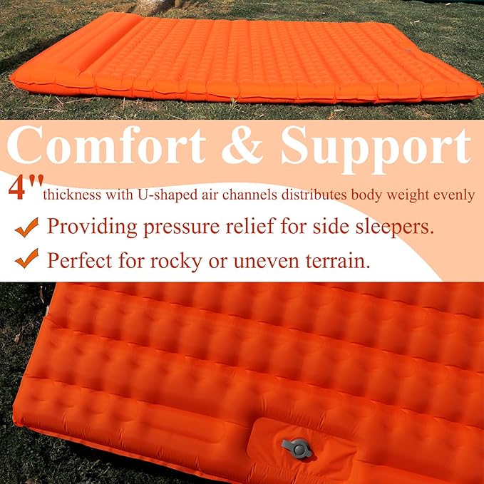 Double Camping Sleeping Pad 2 Percon, Ultralight Camping Mat with Pillow Built-in Foot Pump Inflatable Sleeping Pads Compact for Hiking Traveling Tent