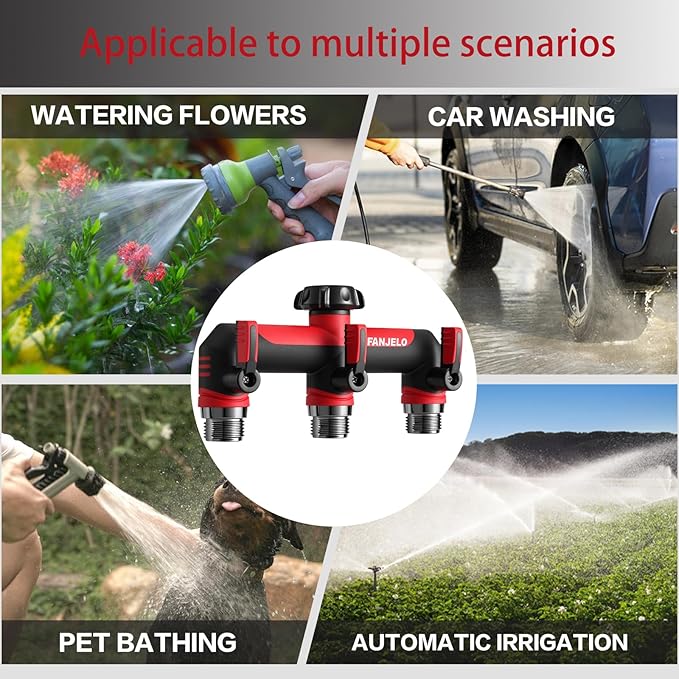 3 Way Hose Splitter, Heavy Duty Garden Water Hose Bib Spigot Splitter, Faucet Splitter with Shutoff Valve, Garden Hoses Connector for T Adapter, 3/4 - Inch GHT Thread (Red)