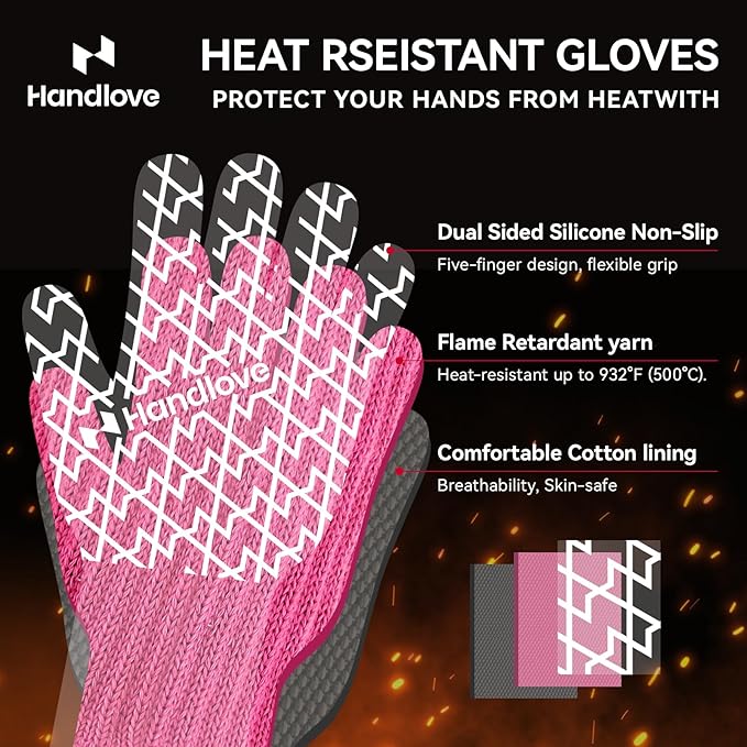 HandLove BBQ Gloves, Oven Gloves with Fingers – Heat Resistant Gloves for Grilling | Silicone Grip, Long Cuff Mitts - Kitchen & Outdoor Barbecue, Cooking, Baking, Pink S