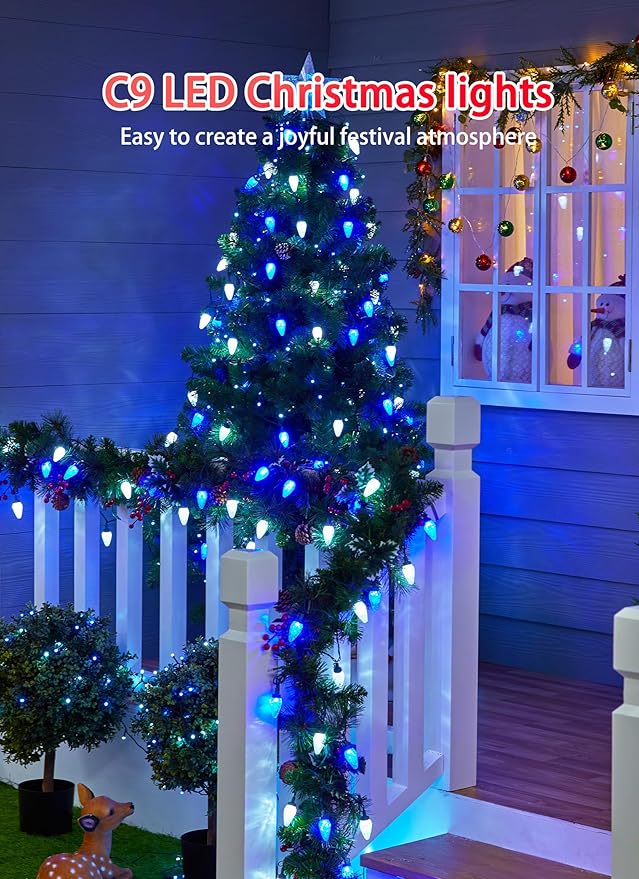 C9 LED Christmas Lights Outdoor, 81 Feet 100 LED String Lights with Timer & 8 Light Mode, Waterproof Connectable Christmas Tree Lights for Outside Indoor Roofline Patio, Blue & Pure White 2 Pack