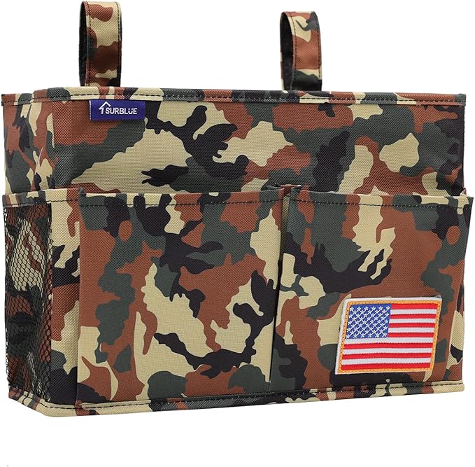 Surblue Bedside Caddy Hanging Organizer Storage Bag Pocket for Bunk, Hospital Beds, College Dorm Rooms, Baby Bed Rails, Wheelchair Side Bag, Camp Chairs, 4 Pockets and 2 Hooks (Small Jungle)