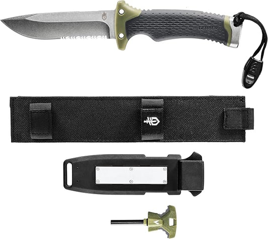 Gerber Gear Ultimate Survival Knife, Fixed Blade Knife with Combo Edge, includes Fire Starter Edge and Ferro Rod, Whistle, Sheath with Integrated Sharpener - Bushcraft, Hunting and Camping Tool