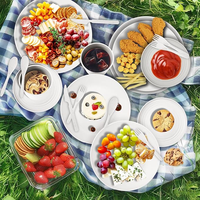 Wheat Straw Plate and Bowl sets with cups and cutlery set of 64 - Unbreakable Dinnerware service for 8 - Microwave and Dishwasher safe dish sets for kitchen,indoors and out doors.White