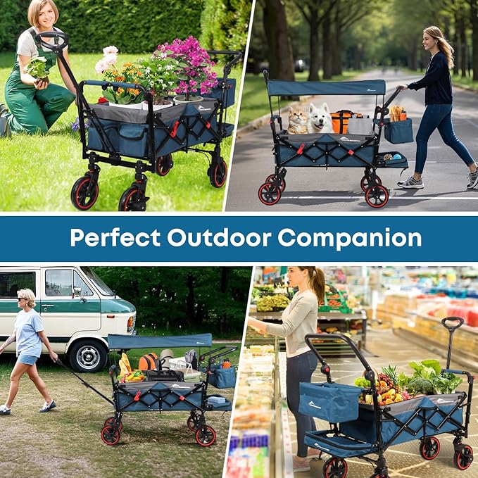 Collapsible Canopy Wagon,Large Capacity Trolley, Foldable Portable Cart with Canopy, Adjustable Push/Pull Handle, Shock-Absorbing Wheels, Suitable for Shopping,Traveling-G