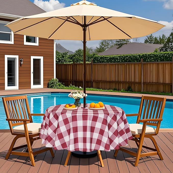 SquarePie Buffalo Checked Outdoor Tablecloth Round 52 Inch Waterproof Zippered Table Cloth Cover for for Patio Picnic Garden Party, Burgundy Red Checkered