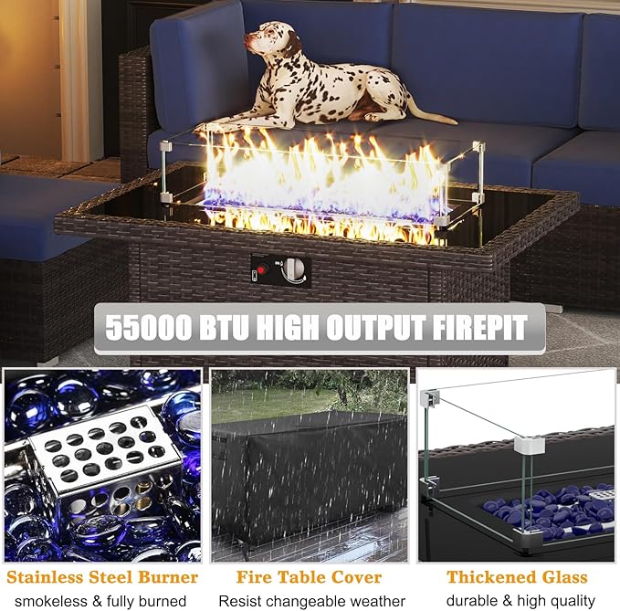 LayinSun 7 Pieces Outdoor Patio Furniture Set with 44" Fire Pit Table Brown Rattan Sectional Sofa Conversation Sets