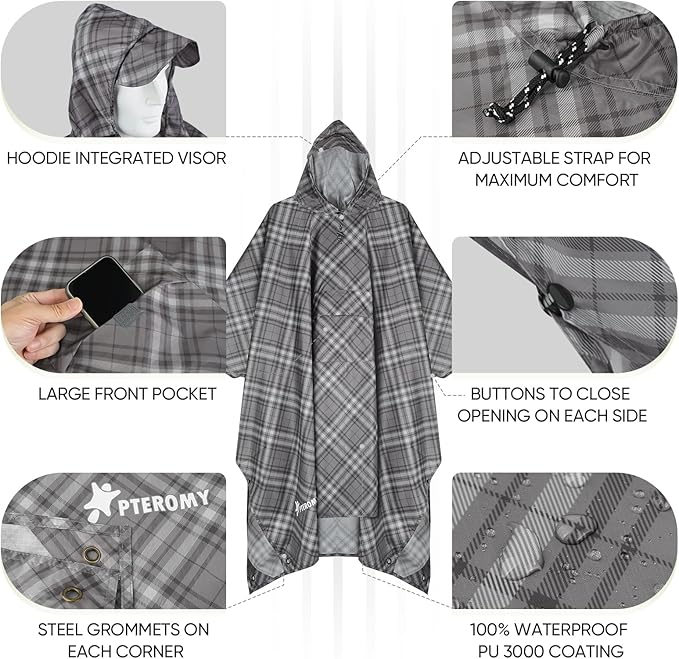 PTEROMY Hooded Rain Poncho for Adult with Pocket, Waterproof Lightweight Unisex Raincoat for Hiking Camping Emergency