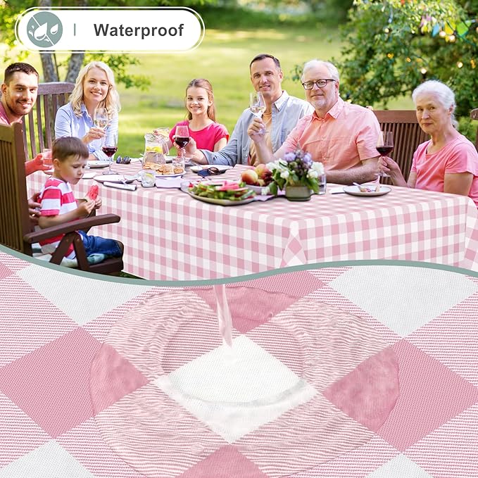 misaya Rectangle Waterproof Vinyl Table Cloth, Buffalo Flannel Backed Tablecloth, Wipeable Plastic Table Cover for Dinner, Kitchen, Outdoor (60" x 120", Pink and White)