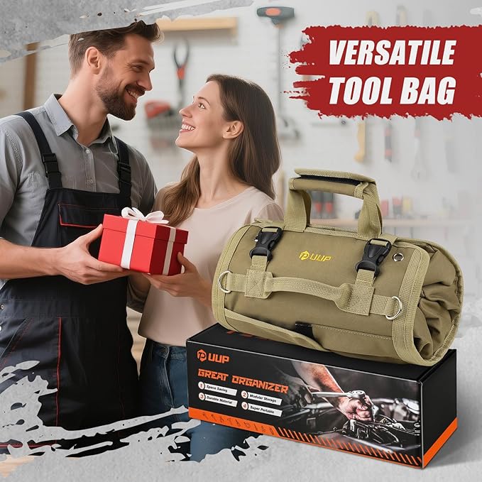 Tool Bag Roll Up, UUP Heavy Duty Rolled Empty Tool Storage Organization, Portable Foldable Rollup Organizer with 2 Small Pouches, Rollable Carrying Toolbag, Dad Men Mechanic Birthday Gifts, Khaki