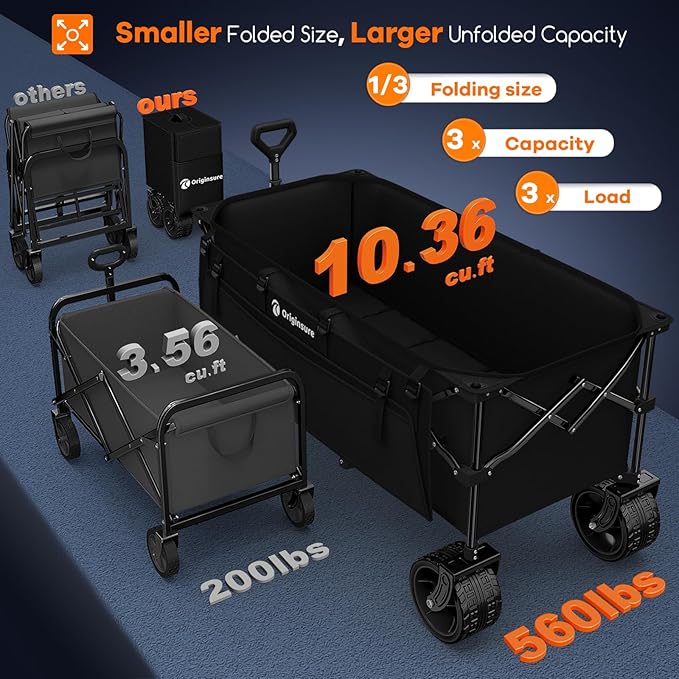 48" L Collapsible Wagon Cart Foldable, 560LB Weight Capacity 300L Heavy Duty Folding Beach Wagons with Big All-Terrain Wheels, Utility Carts for Groceries, Shopping, Camping, Sports - Black