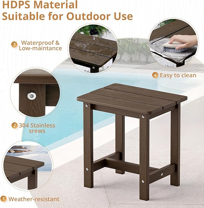 LUE BONA Outdoor Side Table Set of 2, HDPS Small Outdoor Table, Adirondack Side Table, Outdoor End Table for Patio, Deck, Pool, Weather Resistant/Easy Maintenance/Indoor or Outdoor Use, Dark Brown