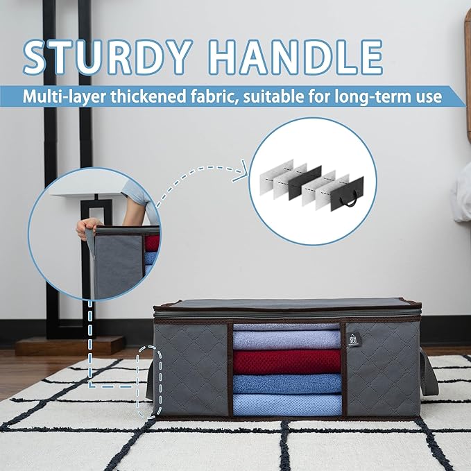 VENO 3 Pack Medium Clothes Storage Bag Organizer with Reinforced Handle Thick Fabric for Comforters, Blankets, Bedding, Foldable with Sturdy Zipper, Clear Window, Grey, Reusable (9.5 Gallon)